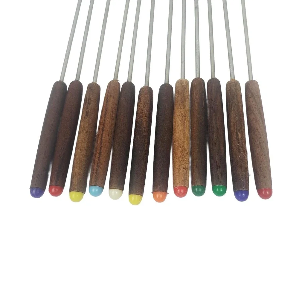 Vintage Mid Century Modern Wood Handle Fondue Forks Set of 12 Stainless Steel